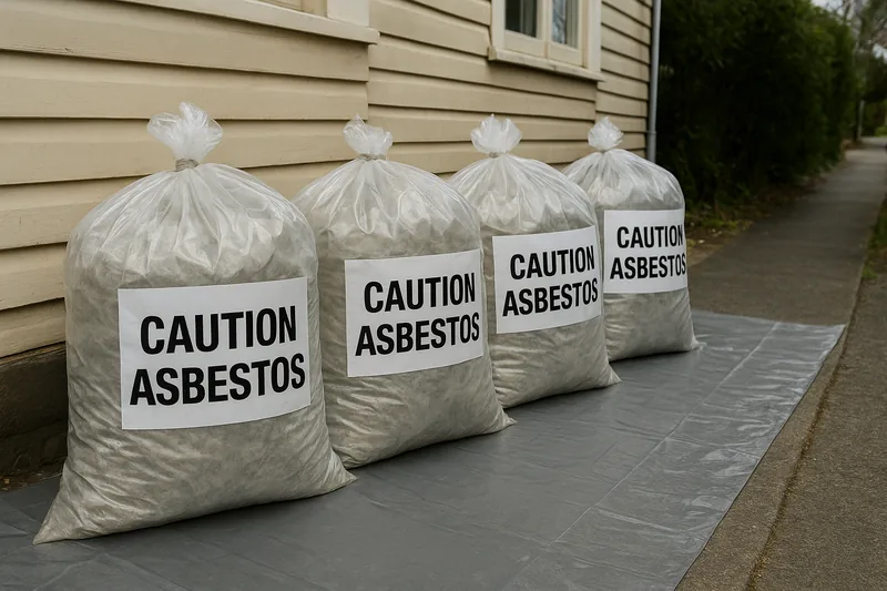 Four sealed clear waste bags each printed with a white panel reading CAUTION ASBESTOS, lined up on plastic sheeting on a paved path beside a weatherboard wall — asbestos disposal, Wollongong. Illustrative example.