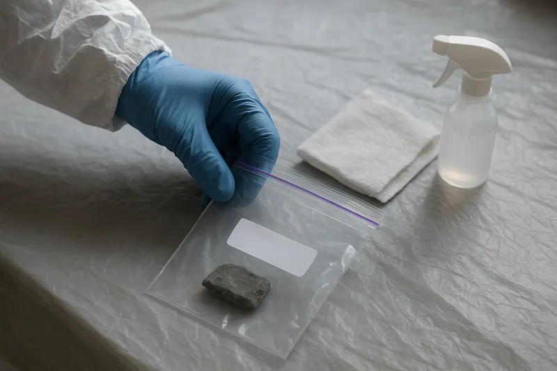 A blue-gloved hand pressing shut a clear zip bag that holds a small grey fragment, with a blank white label, a cloth and a spray bottle beside it — asbestos testing, Wollongong. Illustrative example.