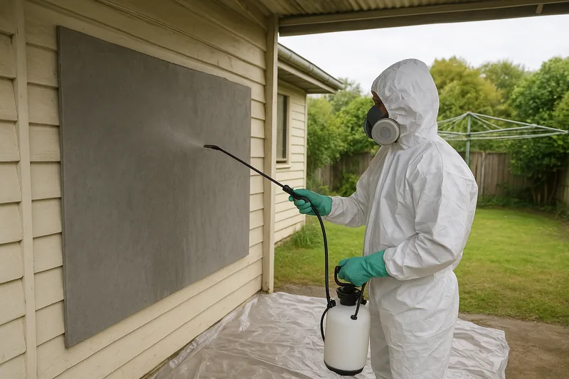 A person in white coveralls, hood and respirator seen from behind misting a large flat grey board fixed to a back-verandah wall with a hand-pump sprayer, plastic sheeting on the ground below — asbestos roof and sheet removal, Wollongong. Illustrative example.