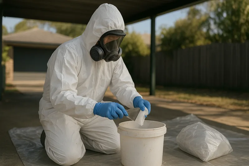 A person in white coveralls, hood, full-face respirator and blue gloves kneeling on plastic sheeting under a carport, wiping a putty knife over a bucket with a sealed bag beside them — asbestos removal, Wollongong. Illustrative example.