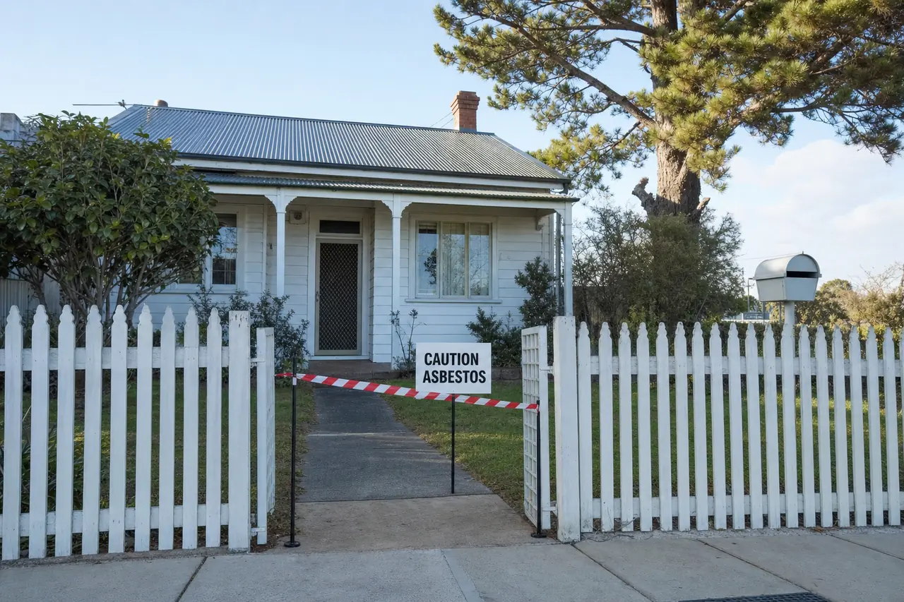 A single-storey fibro cottage with a corrugated-iron roof and a low white picket fence, red-and-white tape strung across the concrete path just inside the open gate, with a white sign reading CAUTION ASBESTOS on a stake beside it — asbestos removal, Wollongong. Illustrative example.
