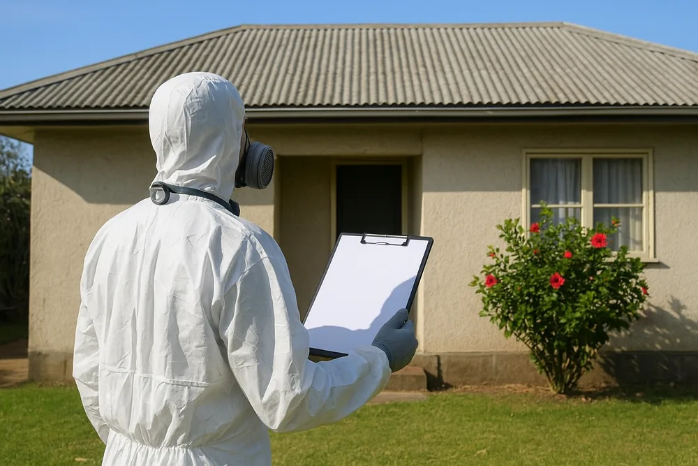 A person in white coveralls seen from behind holding a blank clipboard and looking up at the eaves of a single-storey cottage with a corrugated roof — asbestos inspection, Wollongong. Illustrative example.