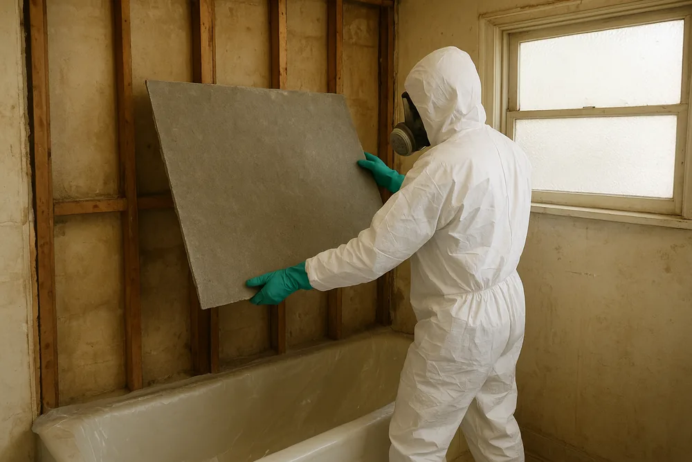 A person in white coveralls, hood and respirator lifting one flat grey board away whole from bare timber studs in a stripped bathroom, with plastic sheeting over the bath — asbestos removal before renovation, Wollongong. Illustrative example.