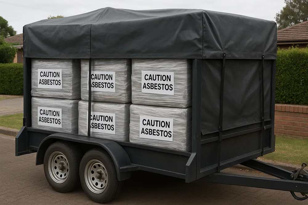 A box trailer loaded with plastic-wrapped bundles each labelled CAUTION ASBESTOS, a dark tarpaulin pulled over and strapped down, parked on a driveway — asbestos disposal, Wollongong. Illustrative example.