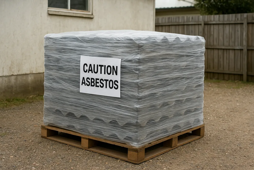 A stack of corrugated grey cement sheets on a wooden pallet, wrapped tightly in clear plastic with a white label reading CAUTION ASBESTOS on the wrapping — asbestos roof and sheet removal, Wollongong. Illustrative example.