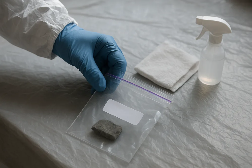 A blue-gloved hand pressing shut a clear zip bag that holds a small grey fragment, with a blank white label, a cloth and a spray bottle beside it — asbestos testing, Wollongong. Illustrative example.