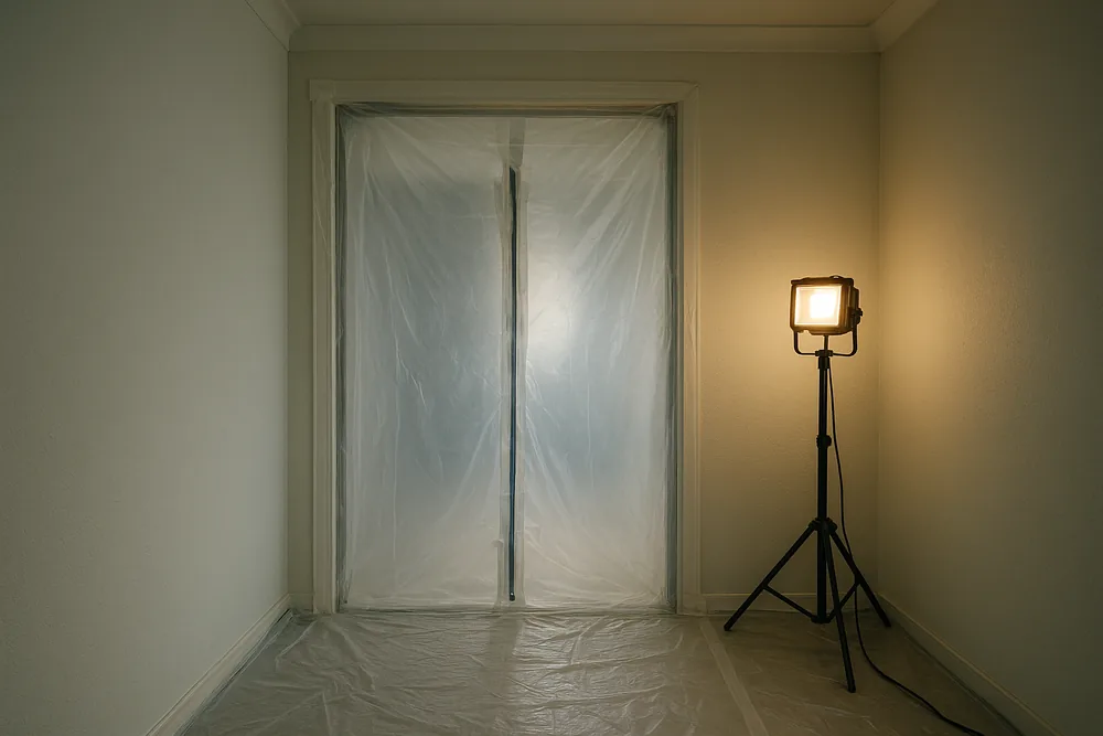 A room doorway sealed from floor to ceiling in taped clear plastic sheeting with a zip-flap entrance, plastic on the floor and a work light on a stand — friable asbestos removal, Wollongong. Illustrative example.