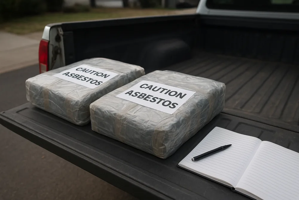 A blank ruled notebook and a pen on the lowered tailgate of a ute beside two plastic-wrapped bundles with white labels reading CAUTION ASBESTOS — asbestos disposal, Wollongong. Illustrative example.